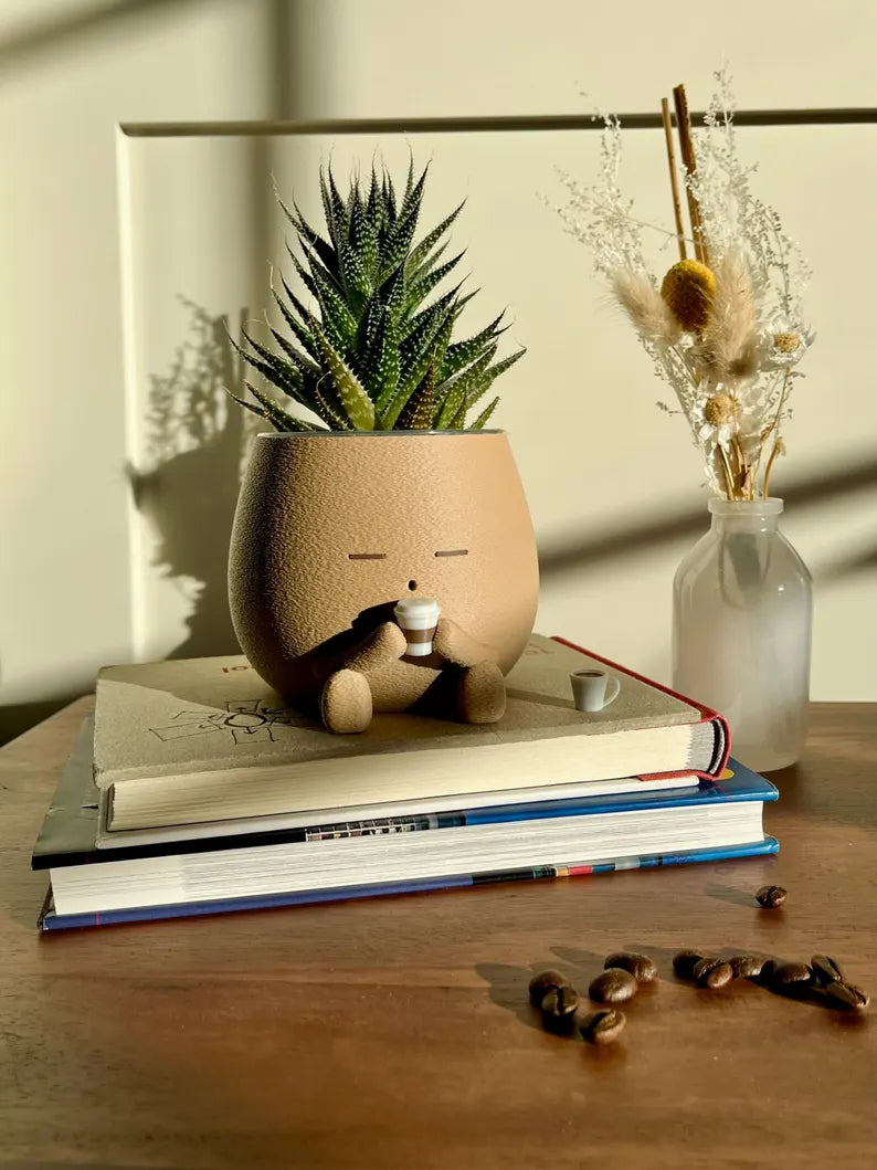 TOT with a Drink Cozy Planter Pot Coffee Lover Planter Cute Coffee Decor Plant Gift for Her, Him, and Plant Lover Clear Pots with Drainage
